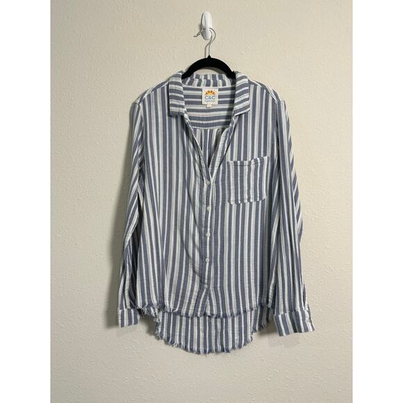 C&C California Tops - C&C California Women Blue Button-Down Shirt Large Gauzy Beach nautical